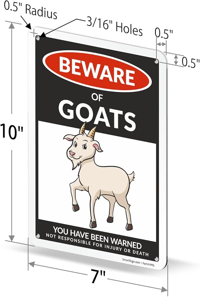 SmartSign Funny Beware Of Goats Warning Sign - 10"x7", 40 mil Laminated Rust-free Aluminum - Metal Signs for Wall Decor, Outdoors, Patio, Gifts, Cafe - Goats Theme, Made in USA