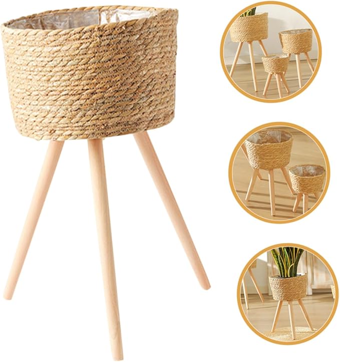 Rattan Planter with Legs Wicker Basket Plant Stand Indoor Outdoor Flower Pot Holder for Balcony Home Decor 9.05X7.08X7.08 Inches