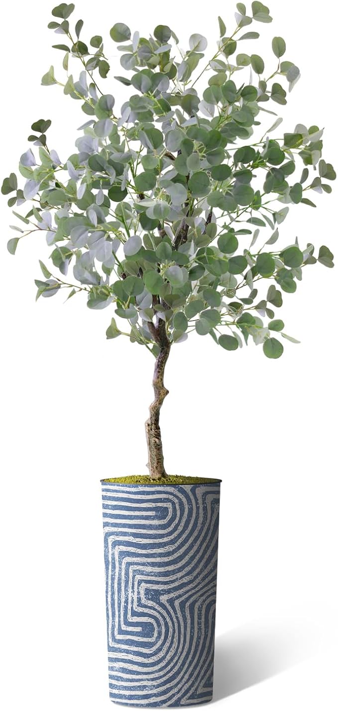 Artificial Tree in Contemporary Geometric Pattern Planter, Fake Eucalyptus Silk Tree for Indoor and Outdoor Home Decoration - 66" Overall Tall (Plant Pot Plus Tree)