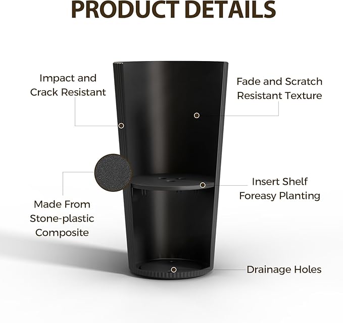 Diyfire Tall Outdoor Planter Front Porch Decor Set of 2-23.6" H Tall Planters for Outdoor Plants with Drainage Hole, Round Conical Design Flower Pots for Indoor/Patio/Garden, Black