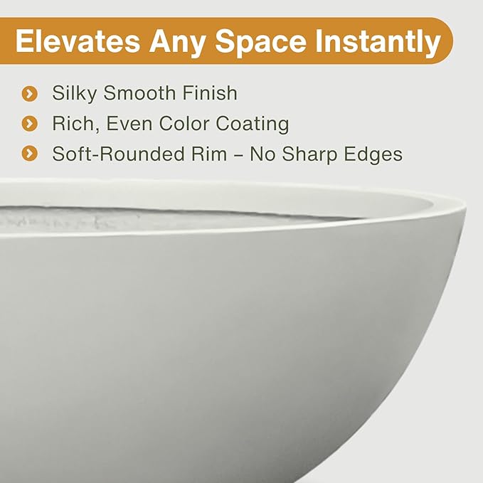 KUTE NEST 7.7" H x 22" D Round Bowl Fiberstone Planter for Succulent and Lotus with Drainage Hole, Smooth Finishes, Weather Resistant, Included 2 Extra Coco Mats (Light Gray, 19.9" Pot Opening)