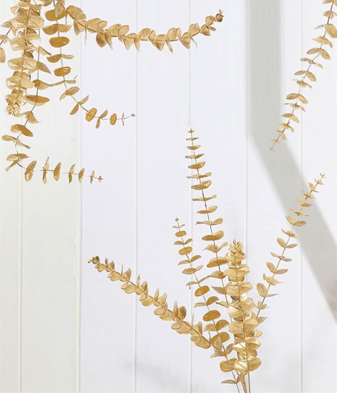 PASYOU Artificial Plants for Christmas Decor, Fake Gold Eucalyptus Plastic Grass Pick Shrubs Leaves Indoor Outdoor Home Garden Party Hotel Wedding Event Faux Table Decoration - 20 Inch Golden 10 Pack