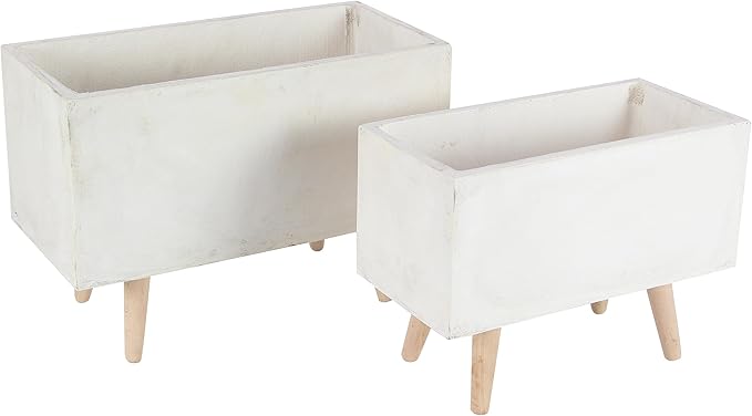 Deco 79 Fiberclay Ceramic Indoor Outdoor Planter Rectangular Large Planter Pot with Brown Wooden Legs, Set of 2 Planters 21", 17"W, White