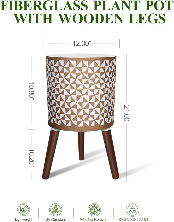 Opnons 12 Inches Plant Pot with Stand, Large Modern Standing Planters for Indoor Outdoor Plants with Drainage Holes, Big White & Gold Flower Pots with Legs