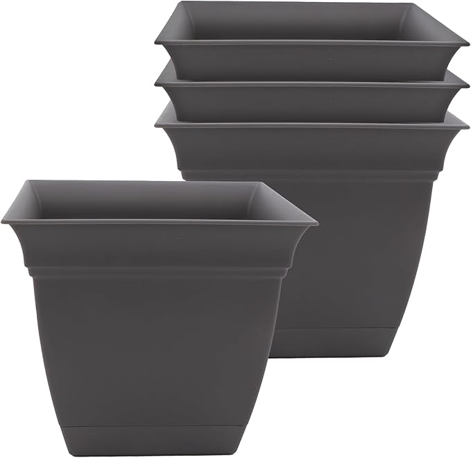 The HC Companies 6 Inch Eclipse Square Planter Pots with Drainage Holes & Attached Saucer, Lightweight UV-Resistant Plastic Indoor Outdoor Planters, 4-Pack Flower Pots for Garden Home Decor, Warm Gray