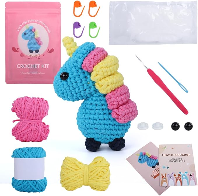Autglint Unicorn Crochet Kit for Beginners - Magical Rainbow Amigurumi DIY Starter Set with Multi-Color Yarn | Step-by-Step Video Lessons & Pre-Started Piece | Dreamy Craft Gift for Teens