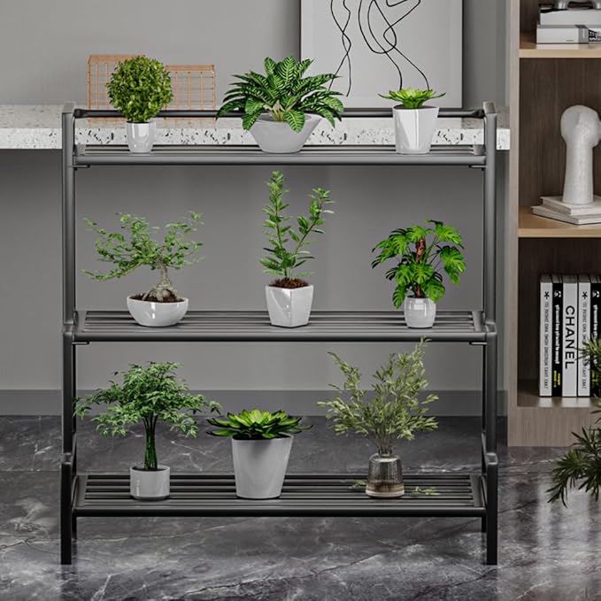 DHYGOTFUR 3-Tier Aluminum Plant Stand Outdoor, Heavy-Duty Metal Tiered Plant Stand, Tall Corner Plant Shelf for Patio, Waterproof Rust-Resistant Plant Rack for Indoor Outdoor Home Garden Decor, Black