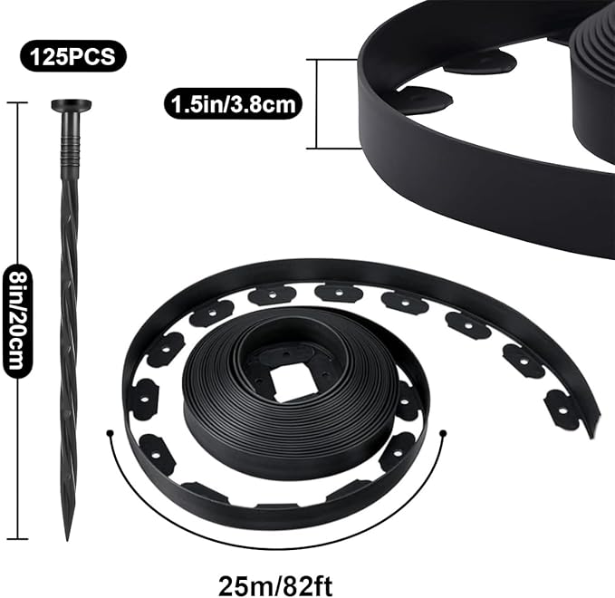 82FT Landscape Edging,1.5IN Tall Garden Edging Borders with 125pcs Stakes,Flexible Lawn Edging Border Kit,Mini Plastic Fence for Yard Flowerbeds,Grass