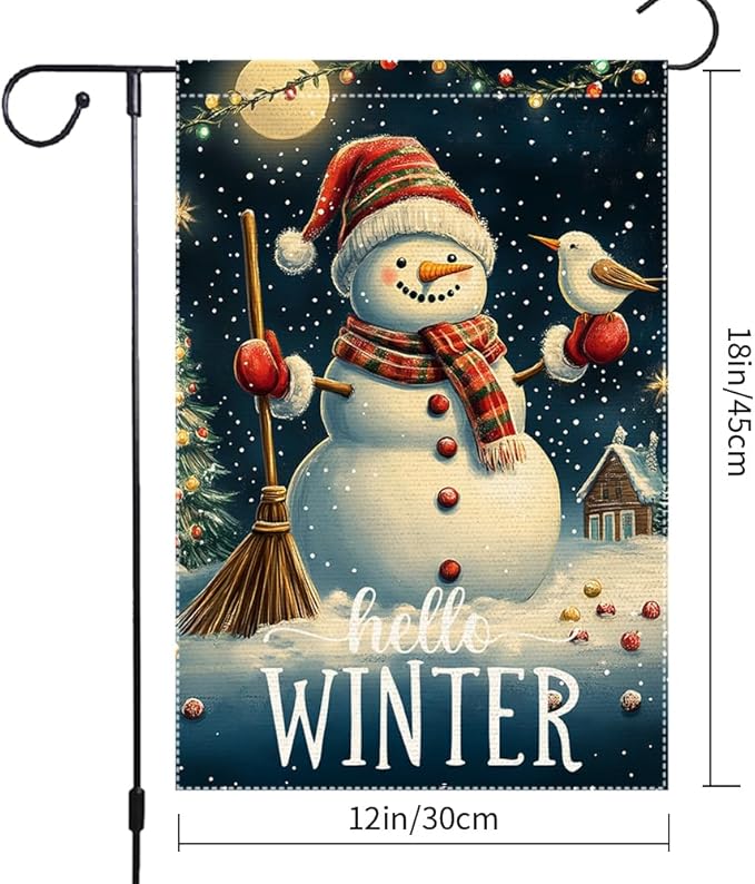 Hello Winter Garden Flag 12x18 Inch Double Sided Burlap Snowman Outdoor Yard Flag Holiday Christmas House Flag Seasonal Winter Welcome Banner Small Cute Lawn Porch Decoration