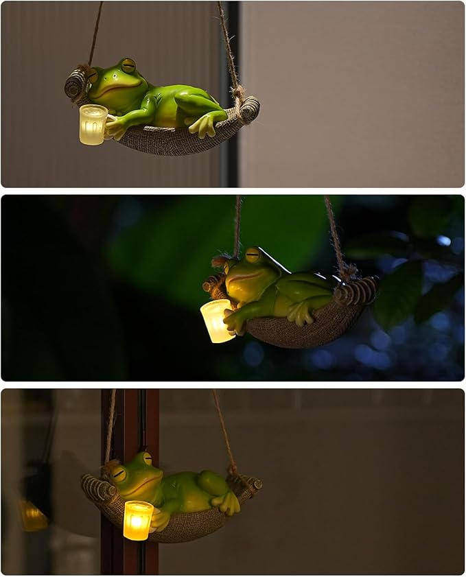 Solar Garden Frog Statue Sleeping in Hammock Resin Indoor Outdoor Lights Hanging Garden Frog Decor Mom Dad Gifts for Patio,Yard
