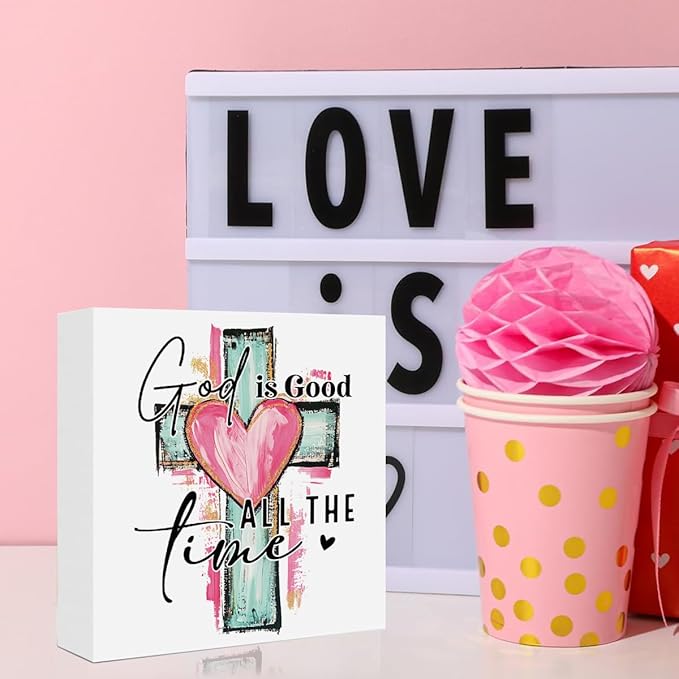 Valentines Day Decorations, Valentines Day Gifts for Her Him, Gift for Boyfriend Girlfriend, Romantic Watercolor Cross Anniversary Christian Wooden Box Sign Husband Wife Home Office Desk Decor