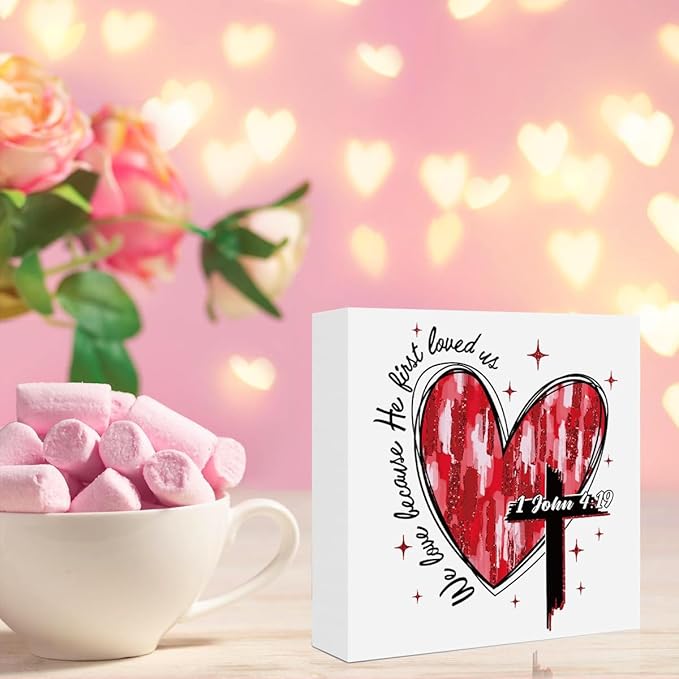 Valentines Day Decorations, Valentines Day Gifts for Her Him, Gift for Boyfriend Girlfriend, Heart Cross Jesus Bible Verse Anniversary Christian Wooden Box Sign Wife Home Office Bedroom Desk Decor