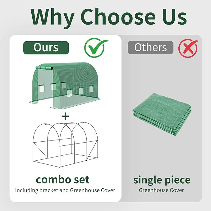 Superlele Heavy Duty Walk-in Greenhouse for Outdoor, 10x6.6x6.6FT Tunnel Greenhouse, Large Garden Green House with Reinforced PE Mesh Cover, 6 Windows with Screen, Stakes and Ropes, Green