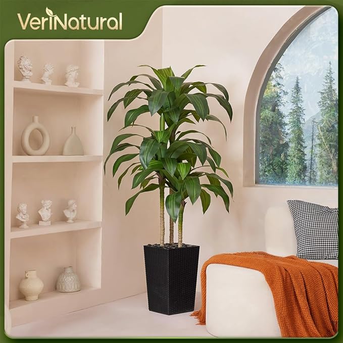 VeriNatural Artificial Dracaena Tree 5FT - Fake Tree with Black Taper Planter & Pebbles - UV Resistant Faux Yucca Tropical Plant - Artificial Trees for Home Office Living Room Decor Indoor Outdoor