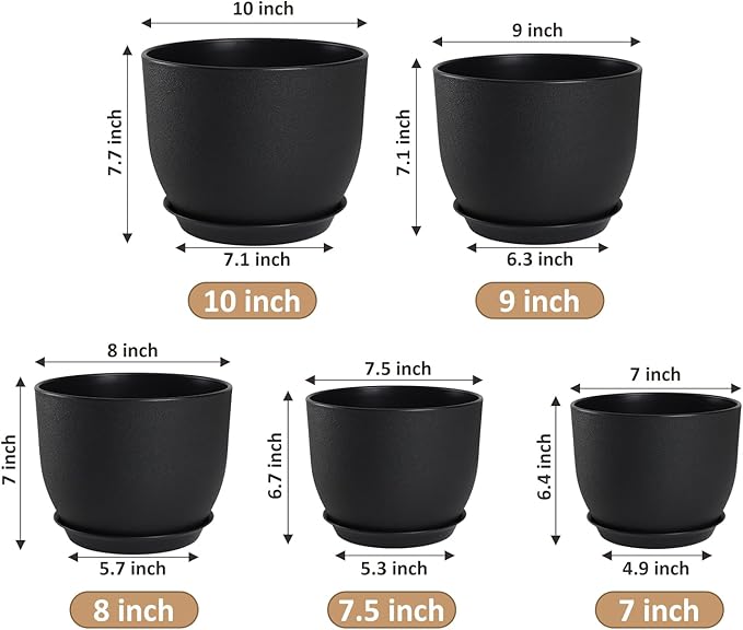YNNICO Plant Pots 10/9/8/7.5/7 inch Set of 5,Flower Pots with Multi Mesh Drainage Holes, Large Planters for Indoor Outdoor Garden Plants and Flowers. (Black)