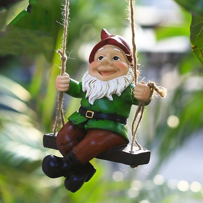 Garden Gnome Hanging Statue - Handpainted Resin Fun Outdoor Decor, Perfect for Patios, Gardens, Porches, or Lawns Great Christmas Tree Decor Halloween New Year