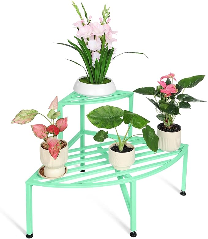 Dipion Corner Plant Stand Outdoor Metal,2 Tier Heavy Duty Ladder Plant Shelf Indoor for Multiple Plants,37.08" L x 22.83" W x 20.07" H,Mint Green