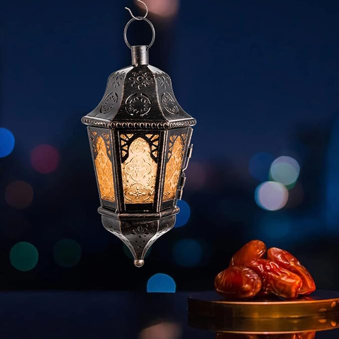 NEEDOMO Hanging Moroccan Lantern, 13.5'' Vintage Metal Candle Holder with 14.8" Chain, Ramadan Lanterns Decorative Indoor Outdoor for Home, Table, Patio, Porch, Christmas,Halloween, Spring (Amber)