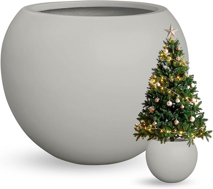 KUTE NEST 16"H x 20"D Globo Fiberstone Round Planter with Drainage Hole, Smooth Finishes, Weather Resistant for Indoor and Outdoor Use, Included 2 Extra Coco Mats (Light French Gray, 13.5 Pot Opening)