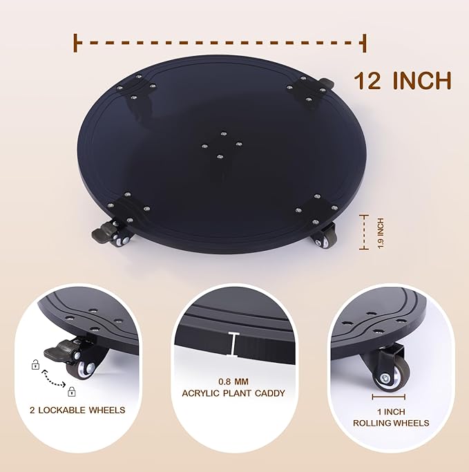 12" Round Shape Black Color Heavy Duty Acrylic Plant Stand with Wheels, Plexiglass Plant Caddy on Wheels - Outdoor Flower Pot Rack on Rollers - Indoor Dolly Holder Rolling Tray Coaster, 1PC