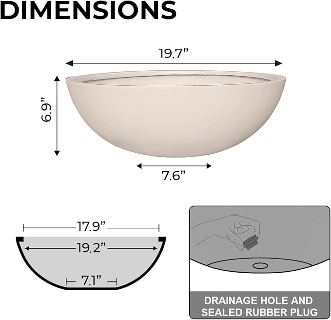 KUTE NEST 6.9" H x 19.7" D Round Bowl Fiberstone Planter for Succulent and Lotus with Drainage Hole, Smooth Finishes, Weather Resistant, Included 2 Extra Coco Mats (Kilim Beige, 17.9" Pot Opening)