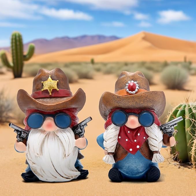 Hodao Cowboy and Cowgirl Gnome Figurines - Hand-Painted Western Resin Gnomes with Cowboy Hats, Sheriff Badge and Bandana - Rustic Farmhouse Decor and Gift for Tiered Tray, Mantel, Tabletop