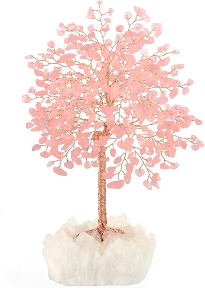 MASGEMES Gemstone Crystal Tree of Life,Natural Rose Quartz (406 Stones) with Clear Quartz Base,Chakra Balancing Positive Energy Feng Shui Home Decor Bonsai Money Tree,Birthday Gift 8.5"-9"