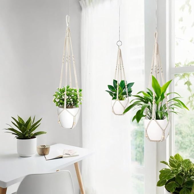 MDKFKDK 3 Pack Macrame Plant Hanger,Hanging Plant Holder, Boho Home Decor Hanging Basket with Wood Beads,Hanging Planters for Indoor Plants,Plant Hanger Indoor 35"/29"/23" Ivory (POTS NOT Included)