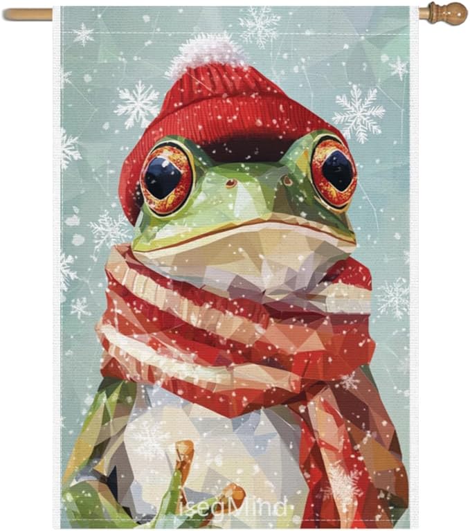 Frog with Red Scarf and Hat Snowflake Christmas Garden Flag, 28x40 Inch Double Sided Linen Holiday Red Winter Farmhouse Yard Outdoor Decoration (4342)