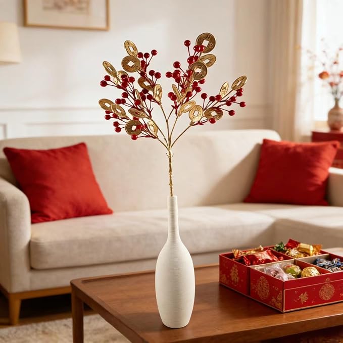 KYMY Chinese & Vietnamese Lunar New Year Artificial Berry Branch – 2026 Red Holly Berries Stems with Gold Fortune Coins, 23.6 Inch Spring Festival Floral Picks for Vase Table Home Decor