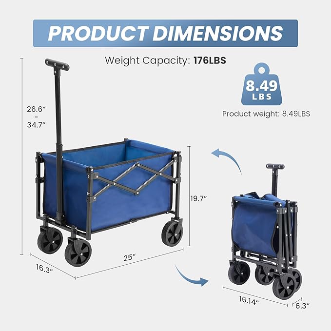 NEWBULIG Collapsible Wagon Cart, Foldable Beach Wagon with Wheels - Lightweight Foldable Utility Cart, Easy to Carry for Grocery Shopping, Garden & Camping