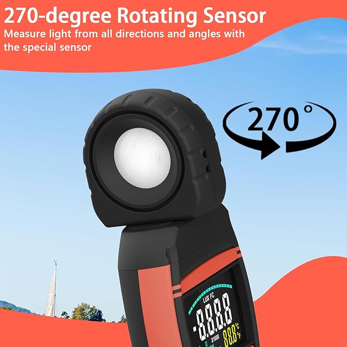 GOYERRNES Illuminance Light Meter, Digital Lux Foot Candles Meter 0.1~400,000 Lux (0.1~40,000 FC) with 270º Rotatable Detector, Lumen Meter Luxmeter for Indoor Outdoor(Multicolor Backlit)