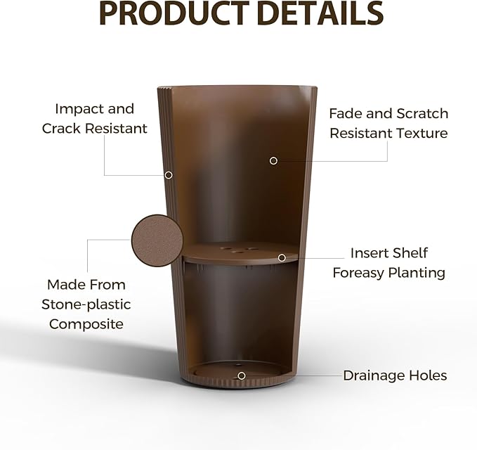 Diyfire Tall Outdoor Planter Front Porch Decor Set of 2-23.6" H Tall Planters for Outdoor Plants with Drainage Hole, Round Conical Design Flower Pots for Indoor/Patio/Garden, Brown