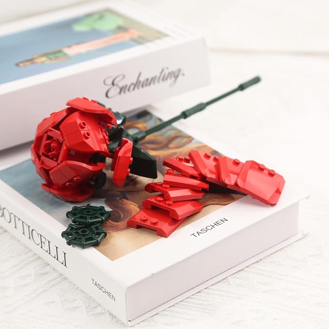 SIENON Red Rose Building Set-10pcs Roses & 2pcs Leaves Botanical Collection, Artificial Flowers for Home Décor, Rose Bouquet Building Kit for Valentine’s Day Christmas Birthday Anniversary (No Vase)