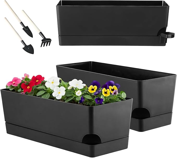Party Zealot Self Watering Pots for Indoor Plants, 3 Pack Window Boxes Planters 17 Inch Rectangular Planter Rectangle Flower Pots Long Plant Pot Large Window Sill Herb Planter Box, Black