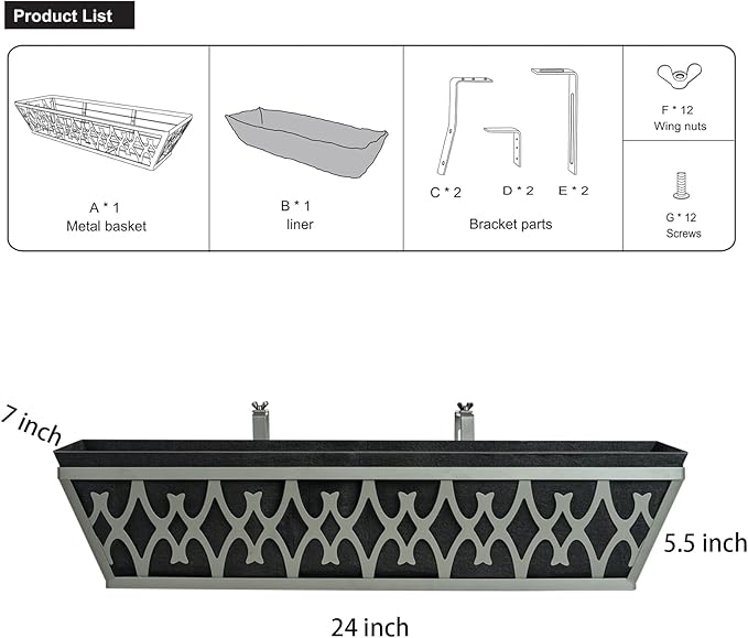 2 Pack 24 Inch Window Boxes Planters Railing Planter Box with Adjustable Brackets & Non-Woven Fabric Plant Grow Bags Deck Railing Planter Boxes Balcony Hanging Flower Box for Outdoor Plants