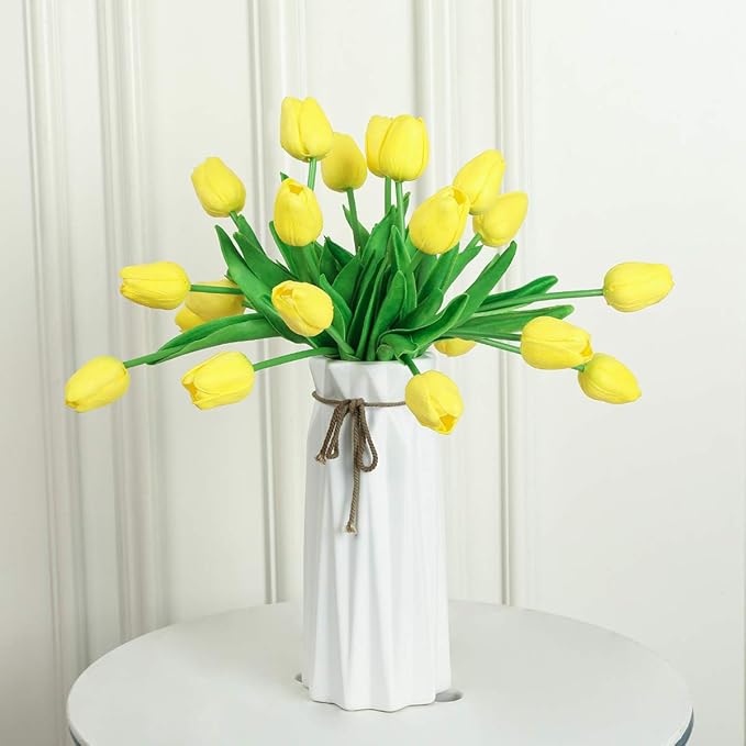 Kisflower 30Pcs Latex Tulips Real Touch Yellow Artificial Flowers Fake Tulips Arrangement Bouquet for Home Office Wedding Decor (Yellow)