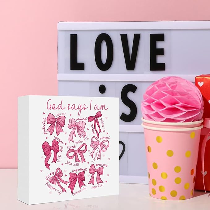 Valentines Day Decorations, Valentines Day Gifts for Her Him, Gift for Boyfriend Girlfriend, Romantic Pink Bow Bible Verse Anniversary Christian Wooden Box Sign Husband Wife Home Office Desk Decor