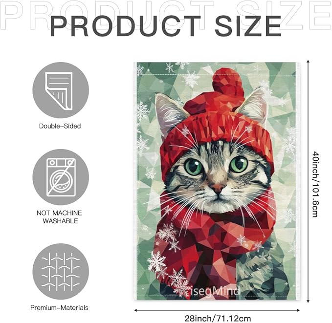 American shorthair Cat with Red Scarf and Hat Snowflake Christmas Garden Flag, 28x40 Inch Double Sided Linen Holiday Red Winter Farmhouse Yard Outdoor Decoration (4330)