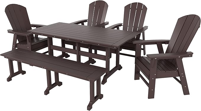 WestinTrends Malibu 6 Piece Adirondack Patio Dining Set with Bench, All Weather Poly Lumber Outdoor Table and Chairs, 71" Trestle Dining Table, 4 Adirondack Chair with Dining Bench, Dark Brown