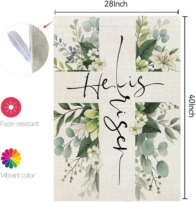 CROWNED BEAUTY Easter House Flag Floral Cross He is Risen 28x40 Inch Double Sided Large Holiday Welcome Decoration for Outside Yard