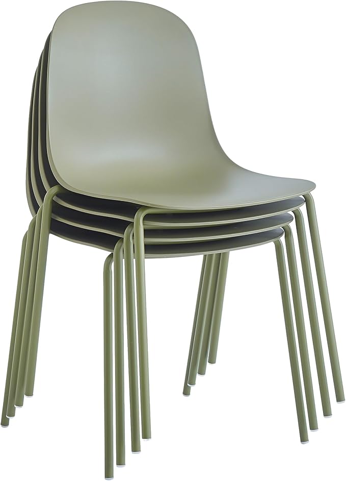 Plastic Stackable Dining Chairs Set of 4, Modern Outdoor Patio Chairs with Metal Legs for Patio Cafes, Restaurants and Office Waiting Room (Sage Green)