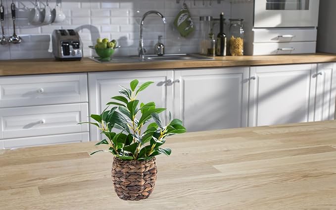 Ainuowei Artificial Vibrant Plants 14.2 inches Tall Fake Outdoor Greenery Plants with Ficus Leaves in Brown Rattan Planter for Indoor Home Office Garden Modern Decoration Ideal Housewarming Gift
