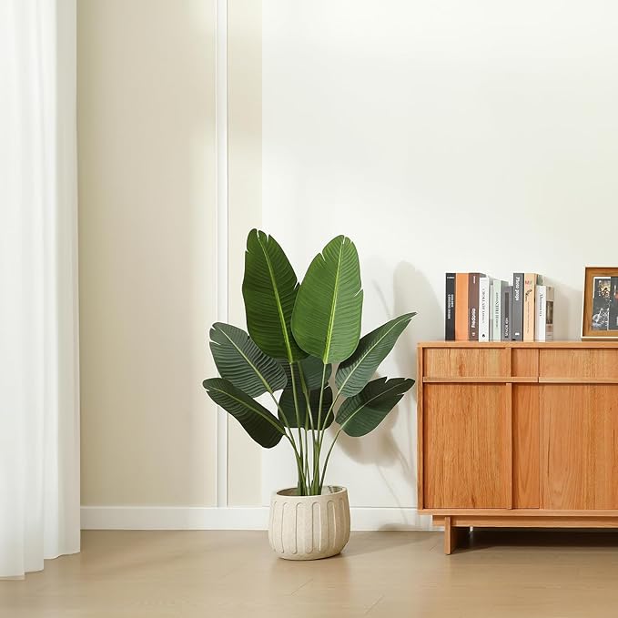 Artificial Bird of Paradise Plants 4 Ft Fake Tropical Tree with Woven Basket, Faux Banana Leaf Plant for Home Indoor Outdoor Office Modern Decor Green 2 Set