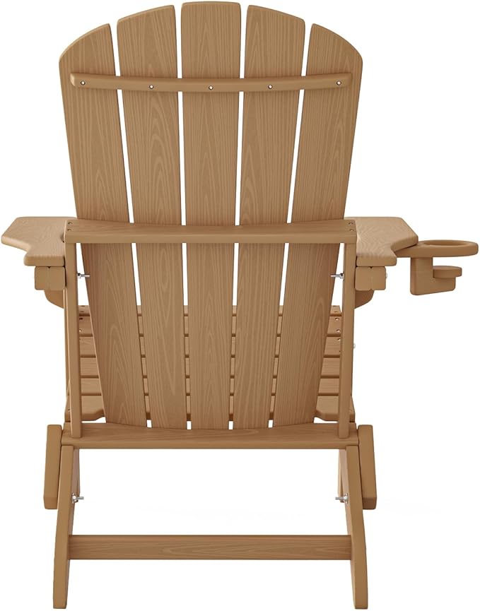 Plawdlik Folding Adirondack Chair Set of 6 with Cup Holder，Wooden Textured ，Heavy All-Weather HDPE Comfortable Set Poolside Backyard Lawn, Teak