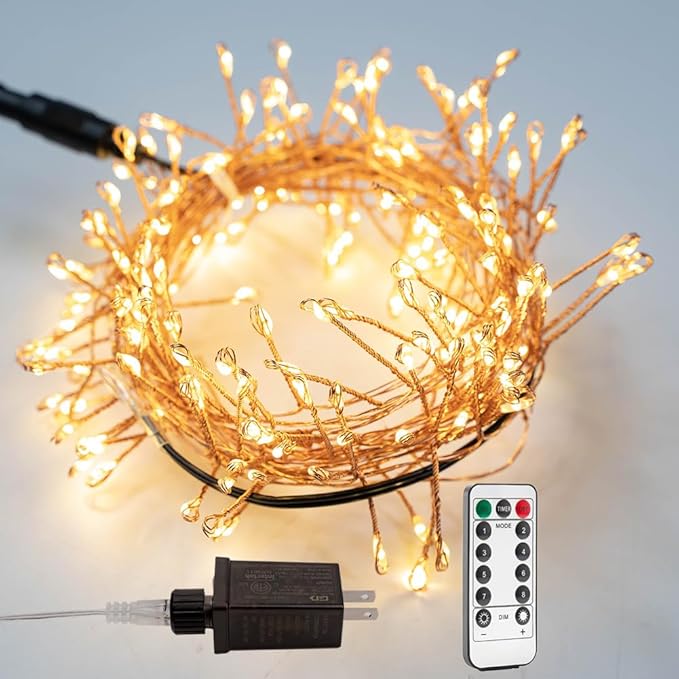 Plug in Firecracker Lights 100FT 1000 LED Warm White Copper Wire Indoor Cluster Fairy Lights with Remote Timer for Bedroom, Living Room, Tree, Garden, Porch, Patio, Backyard, Christmas Tree