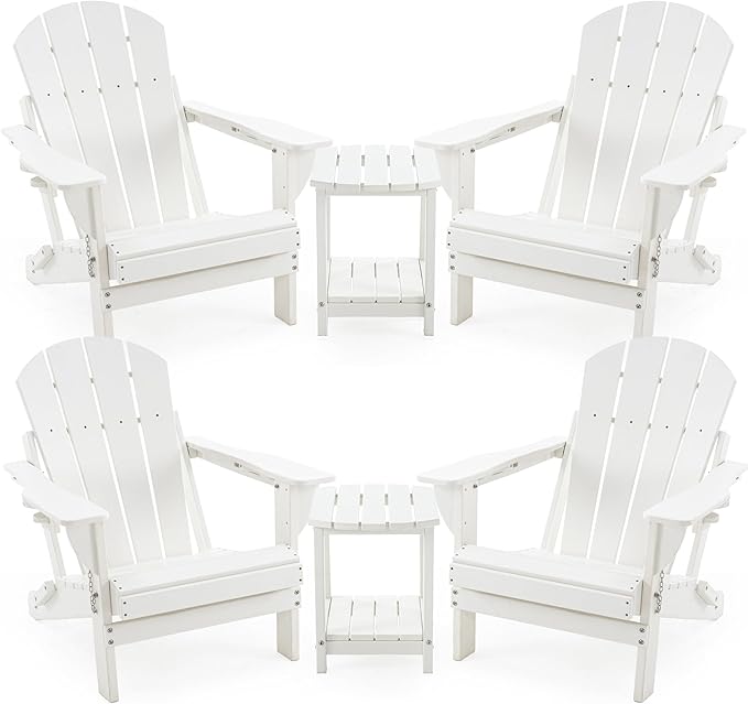 4 Chairs & 2 Tables Folding Adirondack Chair Set with Table – HDPE Weatherproof Outdoor Patio Chairs with Reclining Back and Cup Holders, 2-Tier Storage End Tables for Firepit Garden(White)