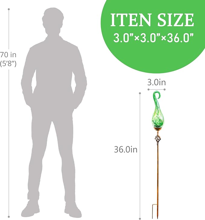 Naboher Garden Solar Lights Outdoor, Decorative LED Pearlized Glass Spiral Garden Stake with Finial, Hand Blown Glass and Metal Outdoor Decoration, 3 x 36 Inch (Green)