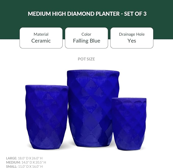 PLANTATOREM Pottery Medium High Diamond Planter Set with Elegant Blue Design - Robust Ceramic with Drainage Holes & Drip Pans - Perfect for Indoors & Outdoors - 18" Diameter x 26" Tall