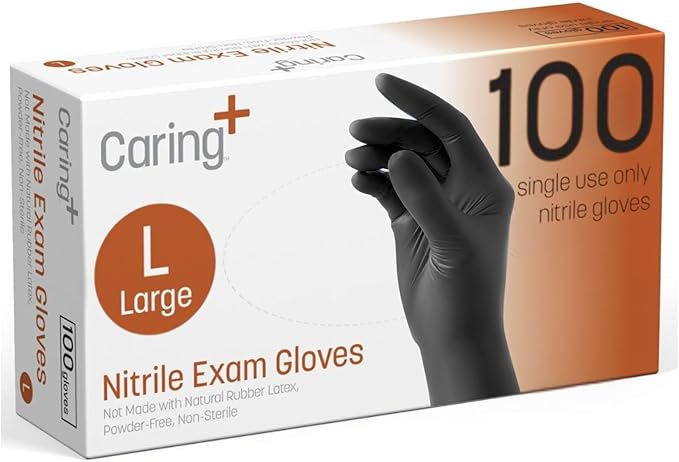 Caring Nitrile Exam Gloves, 100 Count, Powder Free and Without Natural Rubber Latex, Gloves for Cleaning, Food Prep, Black